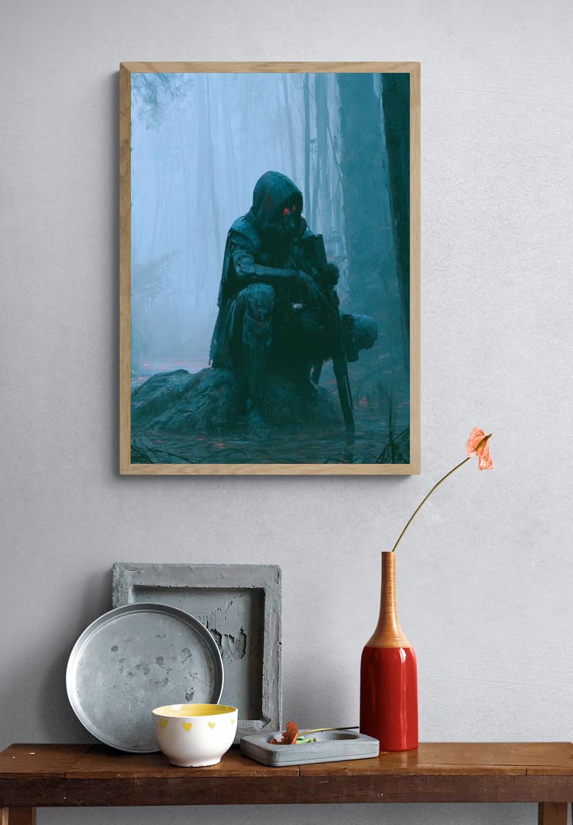 Cyborg Soldier in Foggy Forest Poster. — room view 3