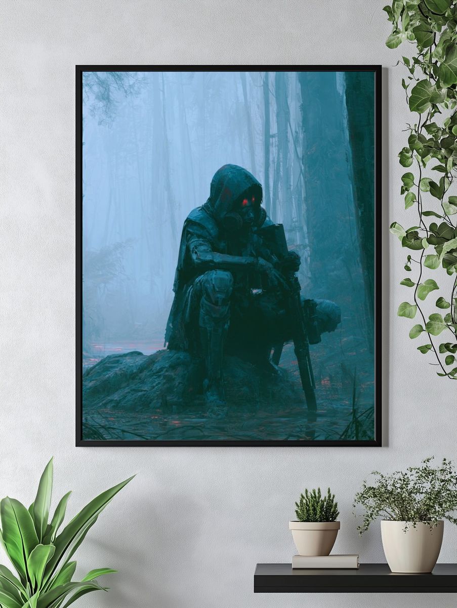 Cyborg Soldier in Foggy Forest Poster. — room view 4