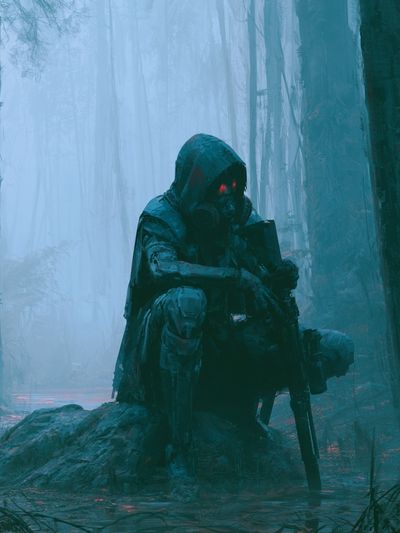 Cyborg Soldier in Foggy Forest Poster.