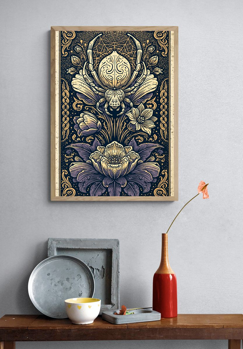 Ornate Beetle Floral Illustration Poster. — room view 3
