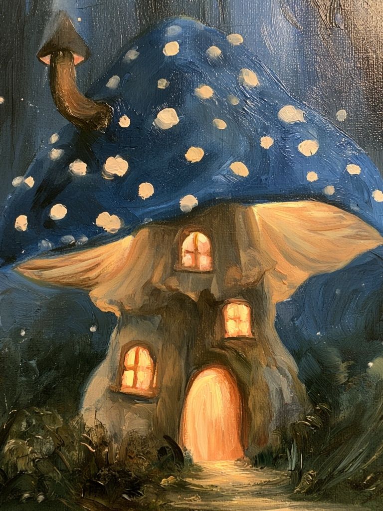 Mushroom House Night Illustration Poster. poster — illustration art