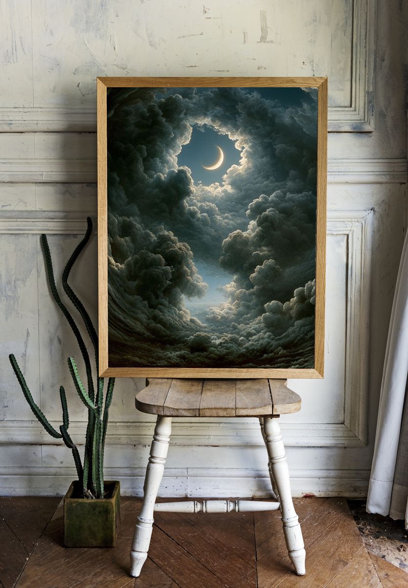 Crescent Moon Cloudscape Illustration Poster. — room view 1