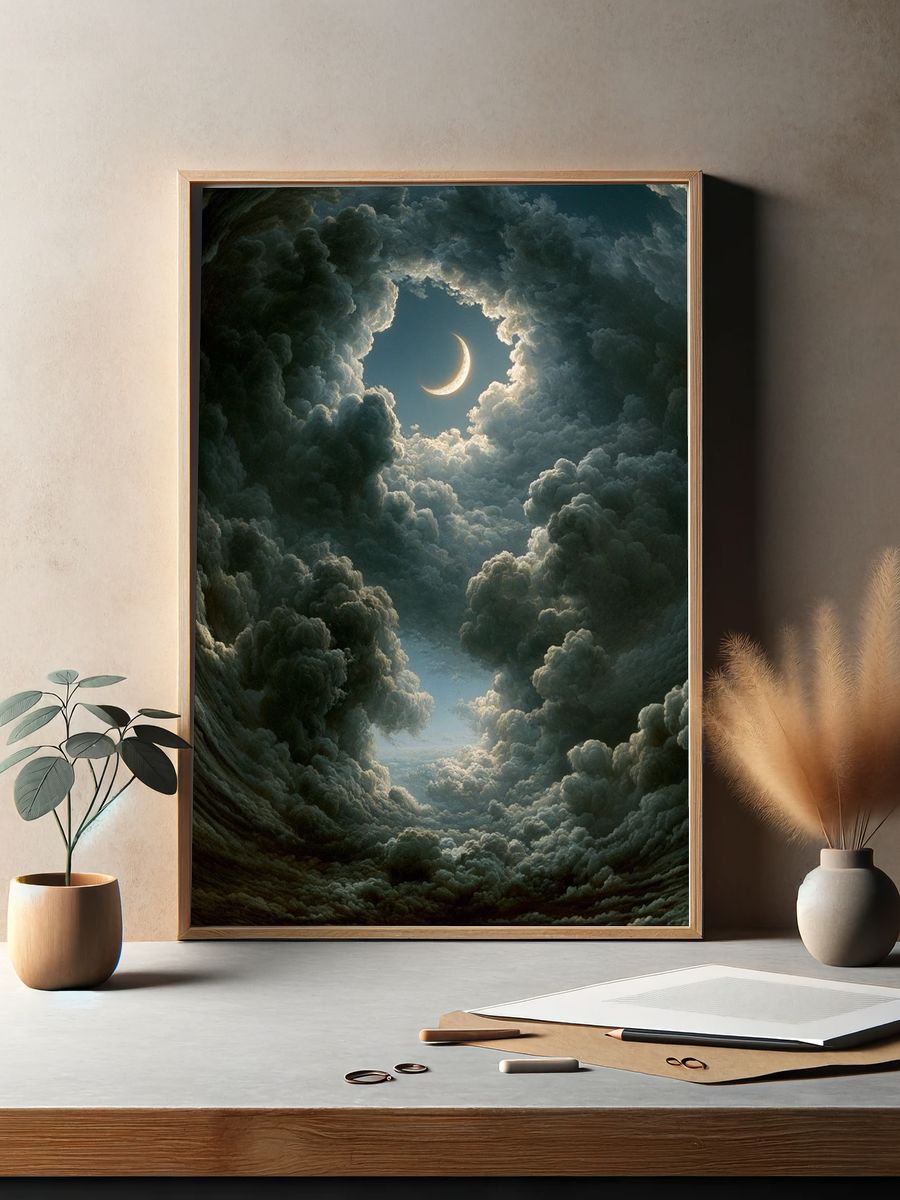Crescent Moon Cloudscape Illustration Poster. — room view 2