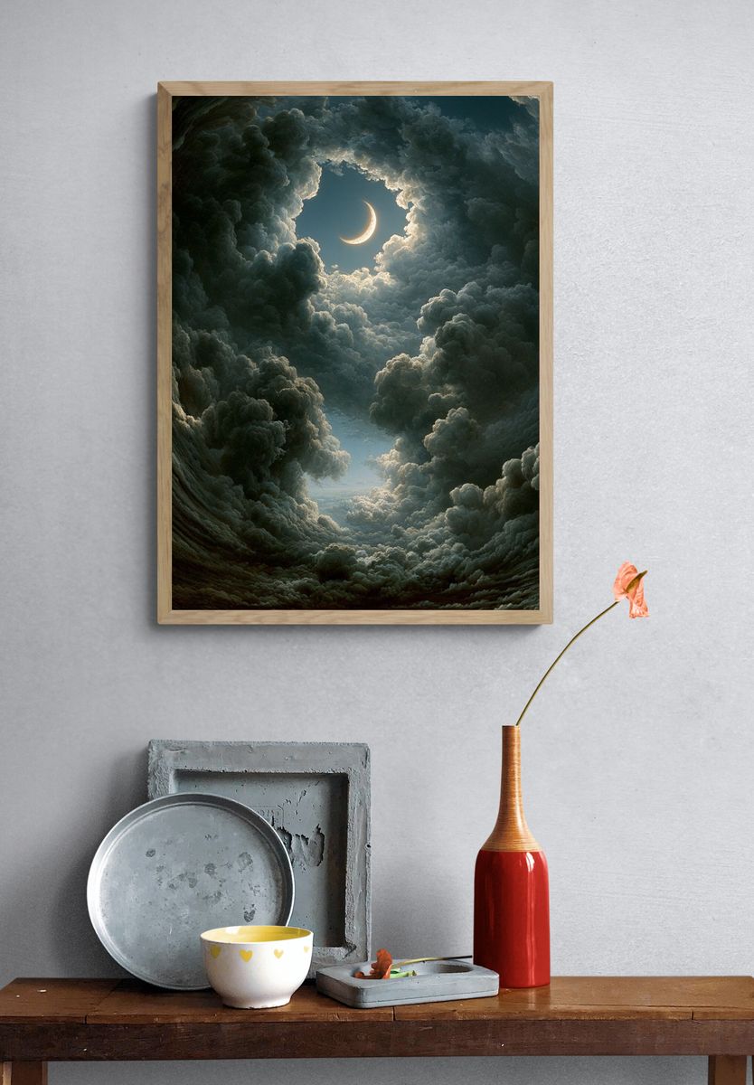 Crescent Moon Cloudscape Illustration Poster. — room view 3