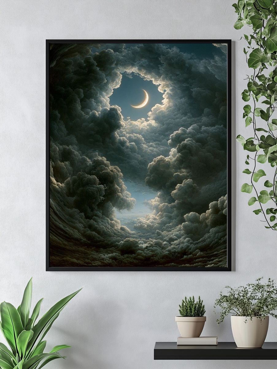 Crescent Moon Cloudscape Illustration Poster. — room view 4
