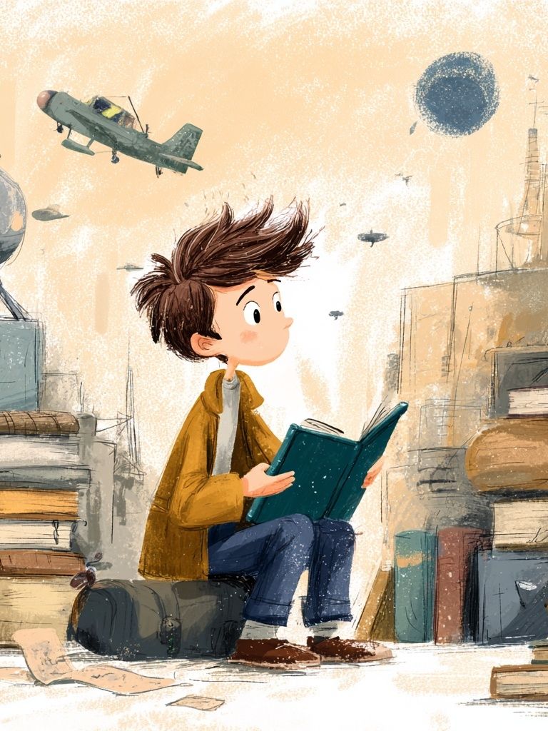 Boy Reading in Library Illustration Poster. poster detail