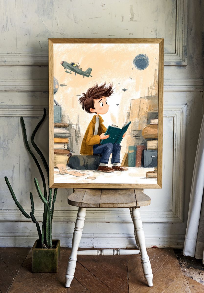 Boy Reading in Library Illustration Poster. — room view 1