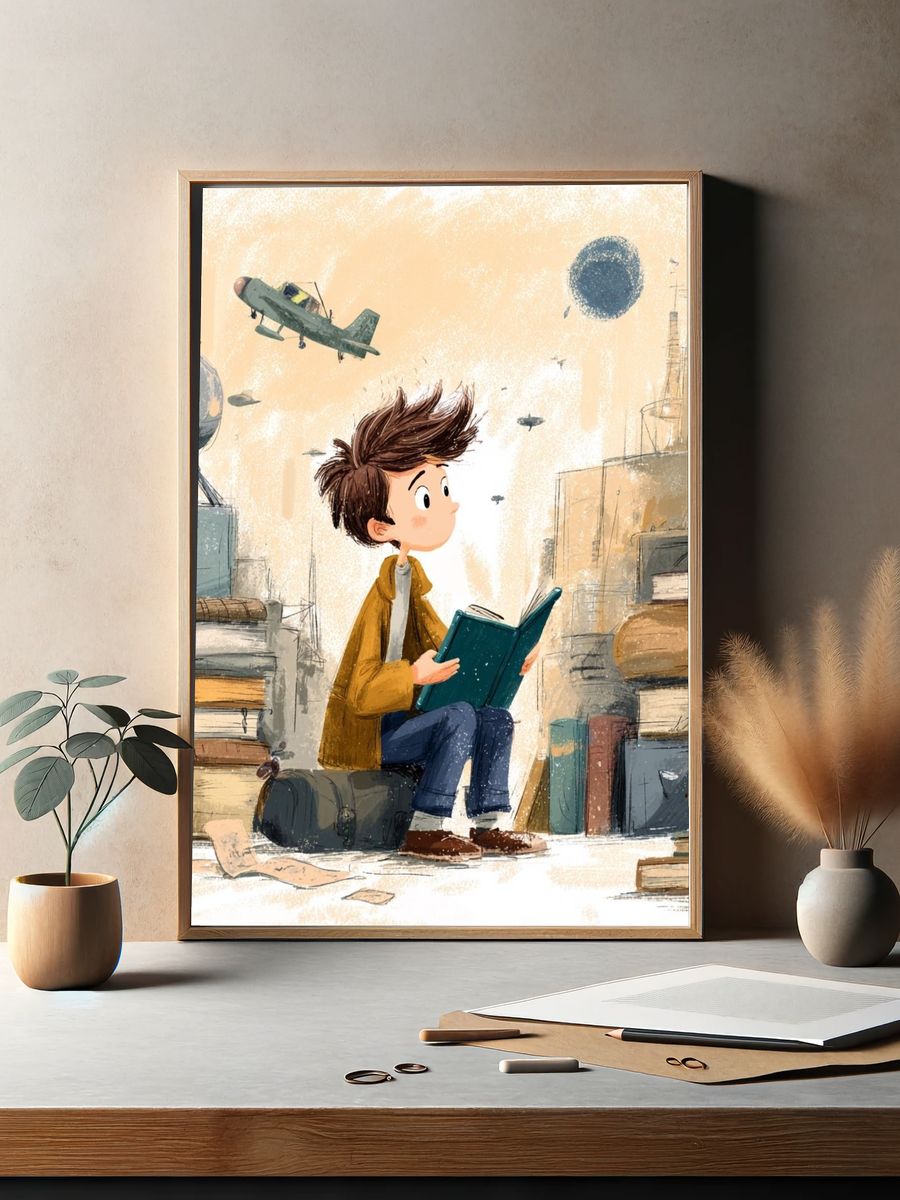 Boy Reading in Library Illustration Poster. — room view 2