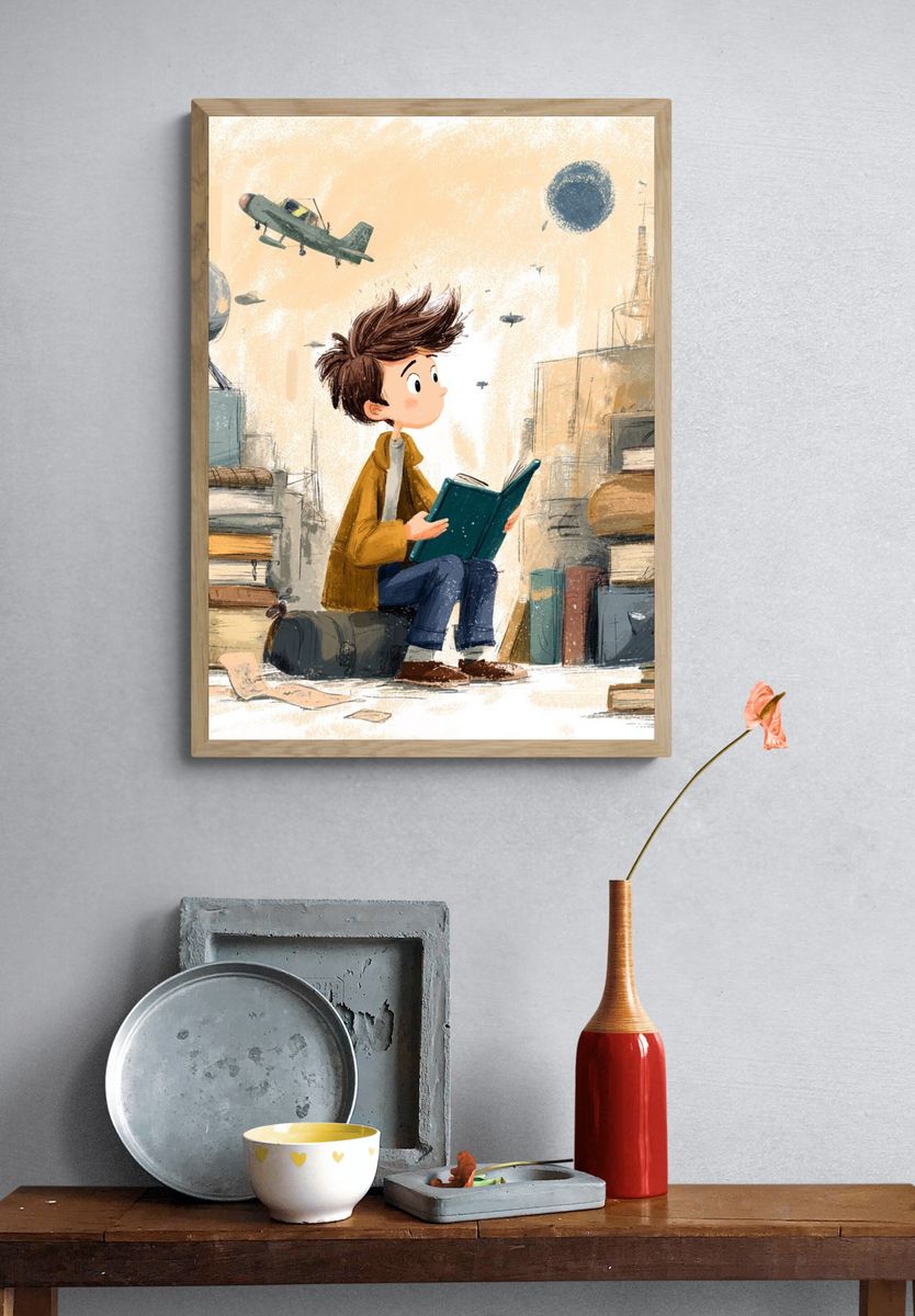 Boy Reading in Library Illustration Poster. — room view 3
