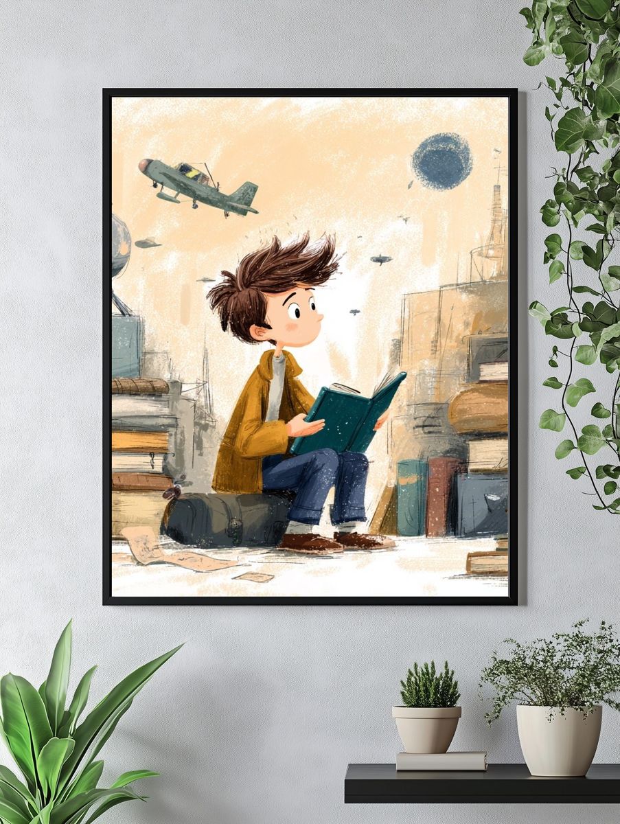 Boy Reading in Library Illustration Poster. — room view 4