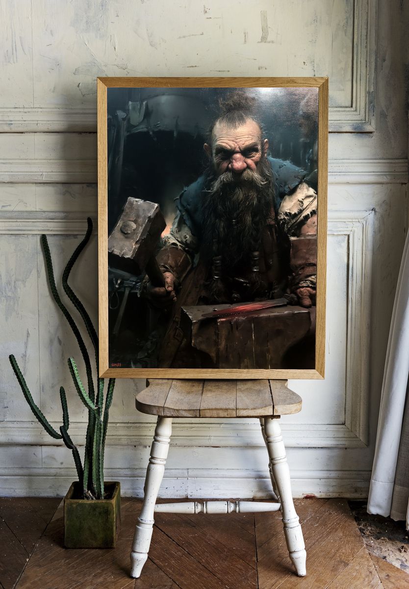 Dwarf Blacksmith Portrait Print. room preview