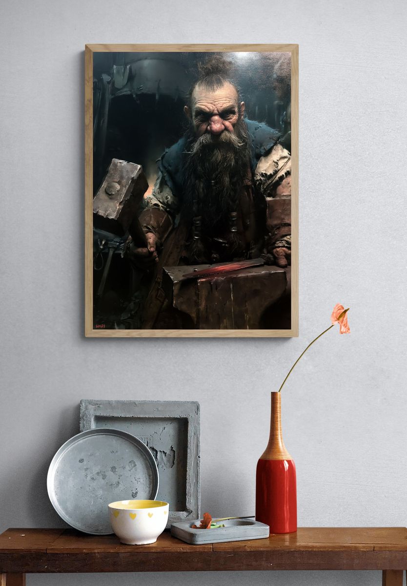 Dwarf Blacksmith Portrait Print. — room view 3