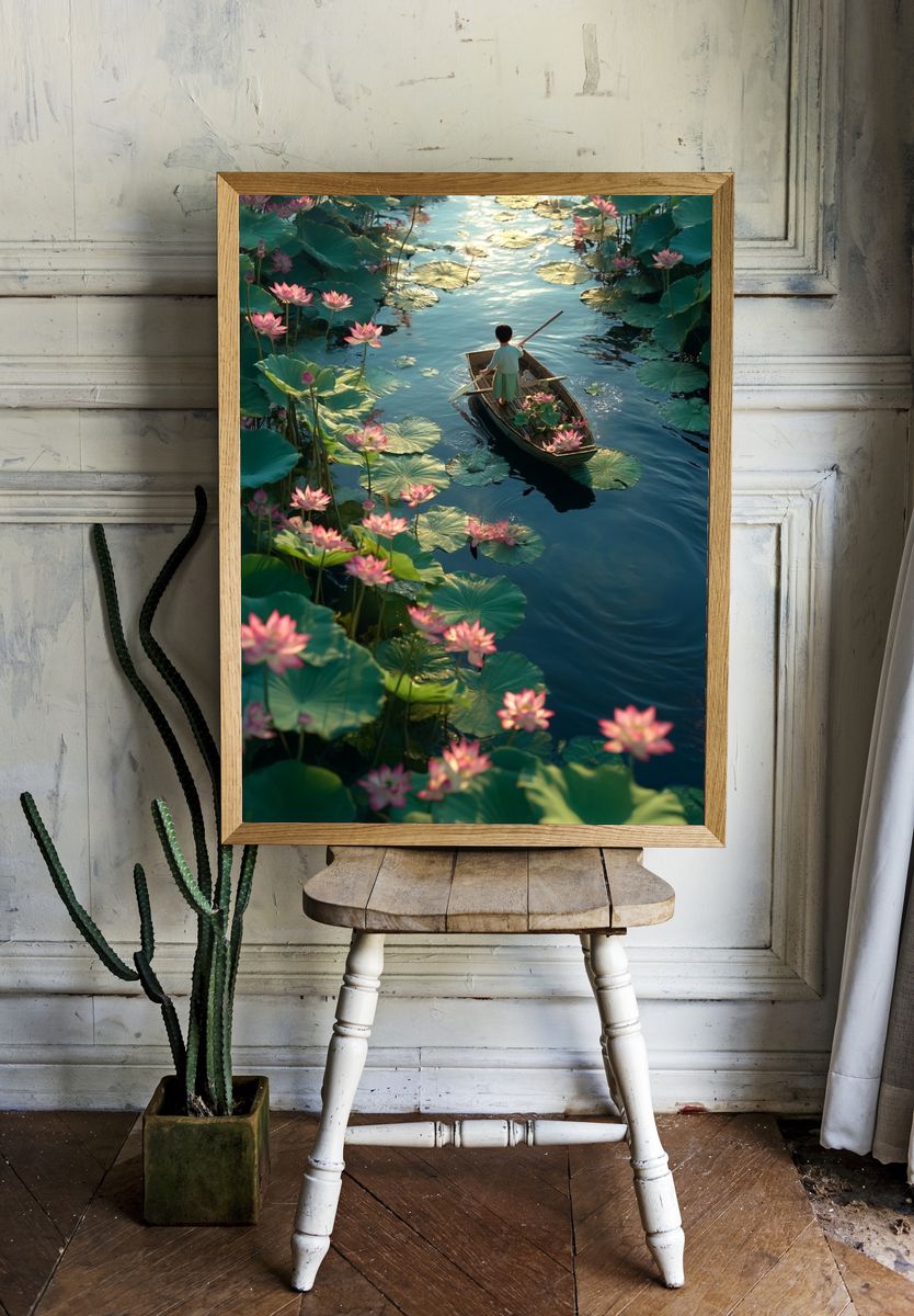 Lotus Boat Dreamscape Illustration Poster. room preview