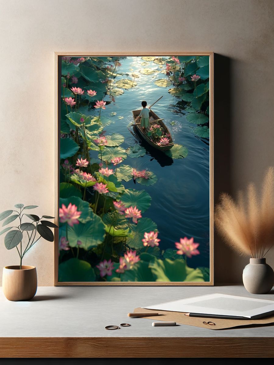 Lotus Boat Dreamscape Illustration Poster. — room view 2
