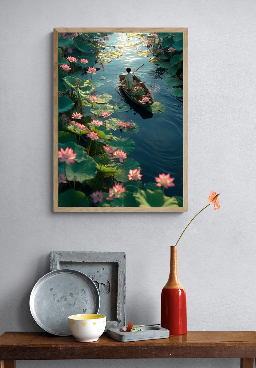 Lotus Boat Dreamscape Illustration Poster. — room view 3