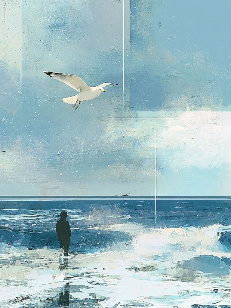 Seagull Over Icy Shoreline Illustration Poster. poster detail