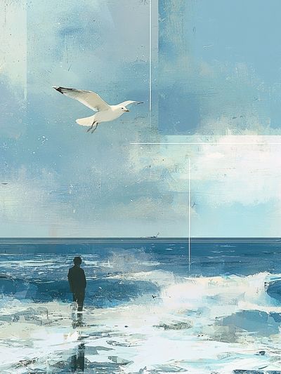 Seagull Over Icy Shoreline Illustration Poster.