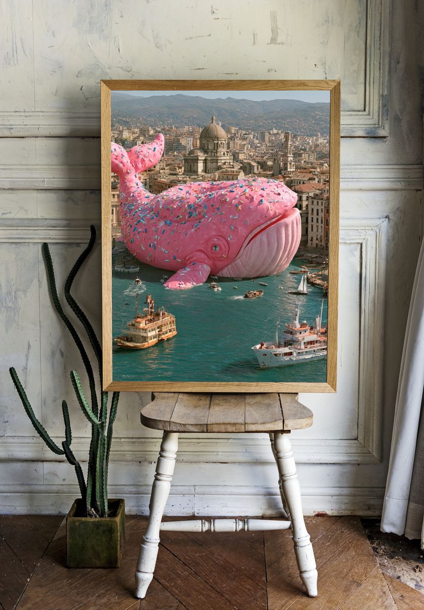 Pink Whale Over Cityscape Surrealism Print. room preview