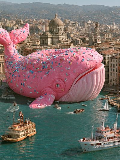 Pink Whale Over Cityscape Surrealism Print.