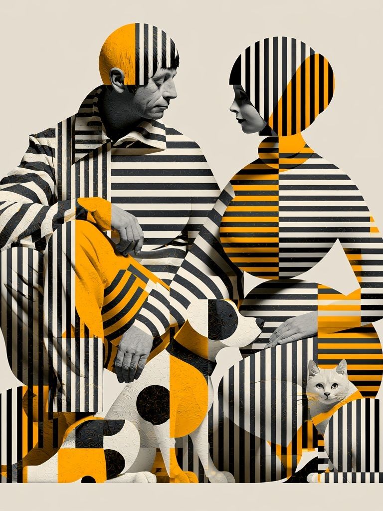 Striped Figures and Dog Illustration Poster. poster — illustration art