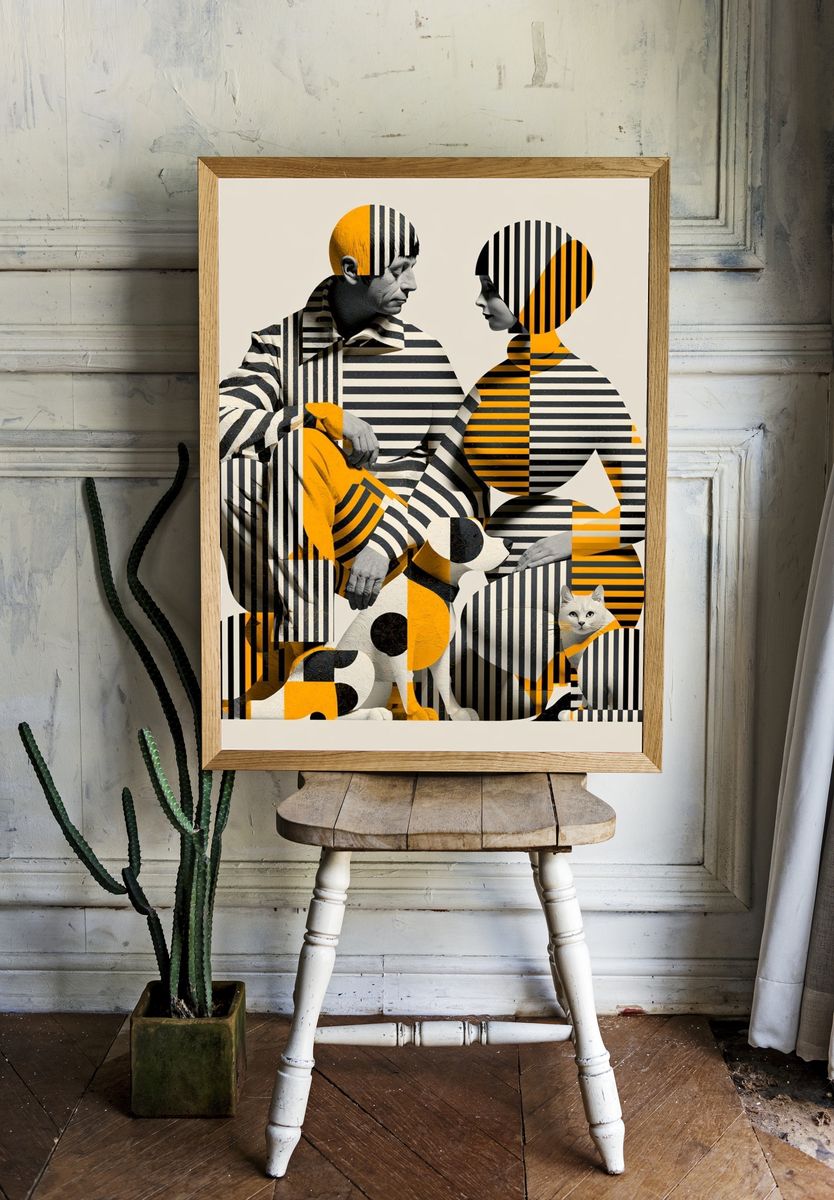 Striped Figures and Dog Illustration Poster. room preview