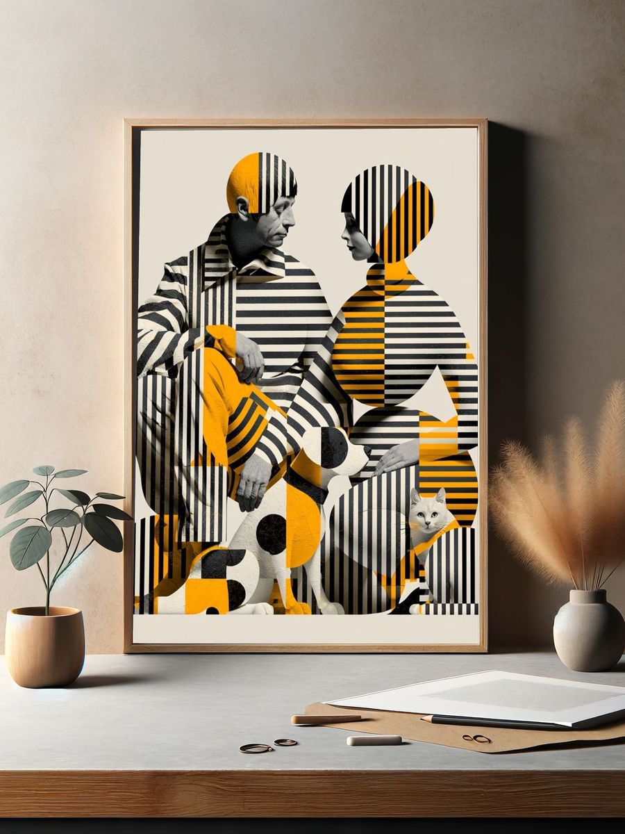 Striped Figures and Dog Illustration Poster. — room view 2