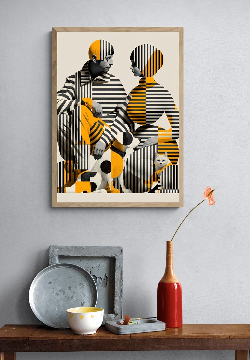 Striped Figures and Dog Illustration Poster. — room view 3