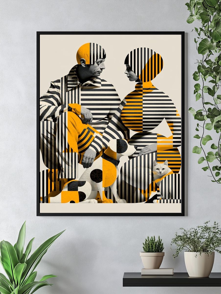 Striped Figures and Dog Illustration Poster. — room view 4