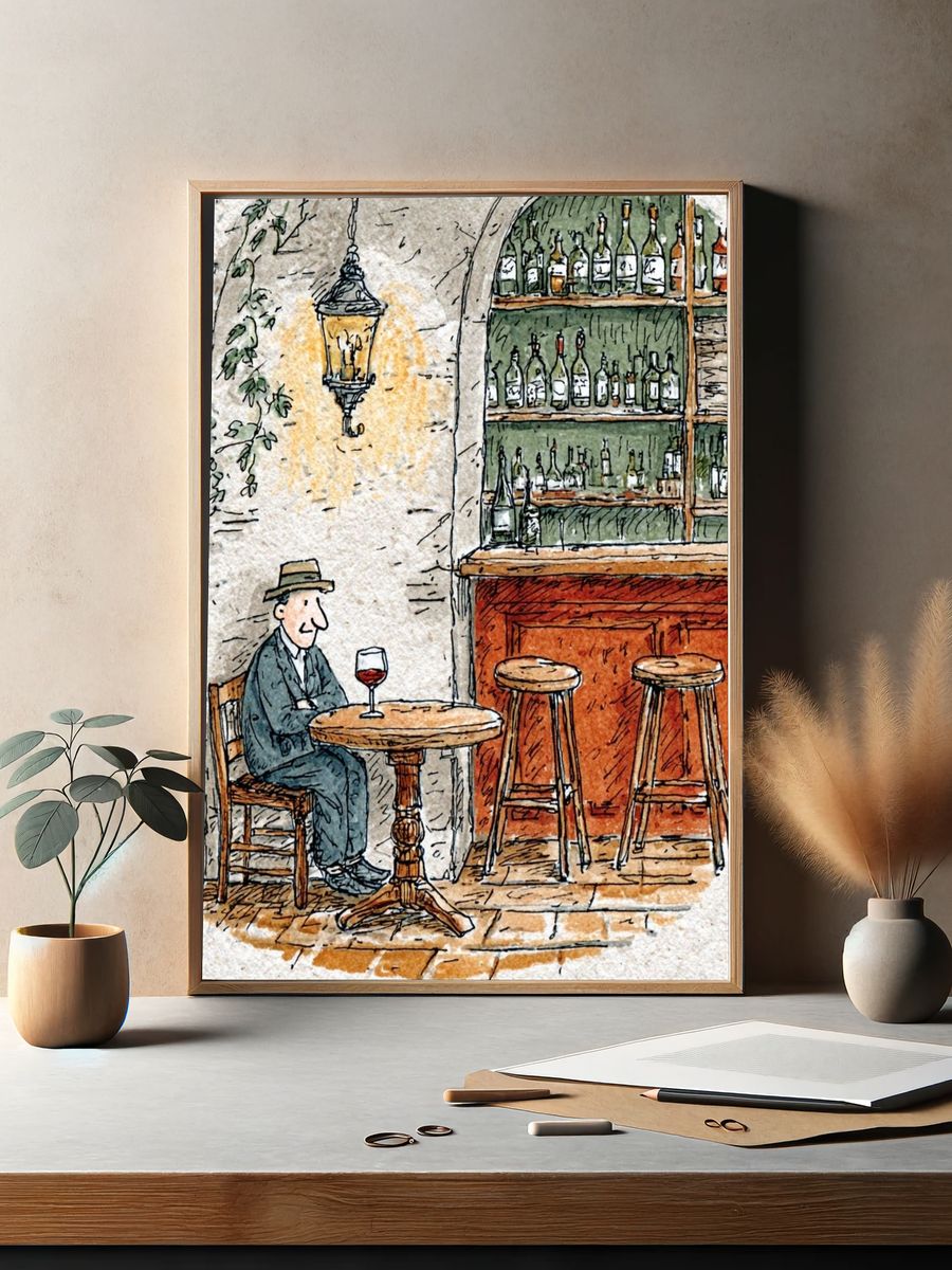 Café Wine Bar Illustration Poster. — room view 2