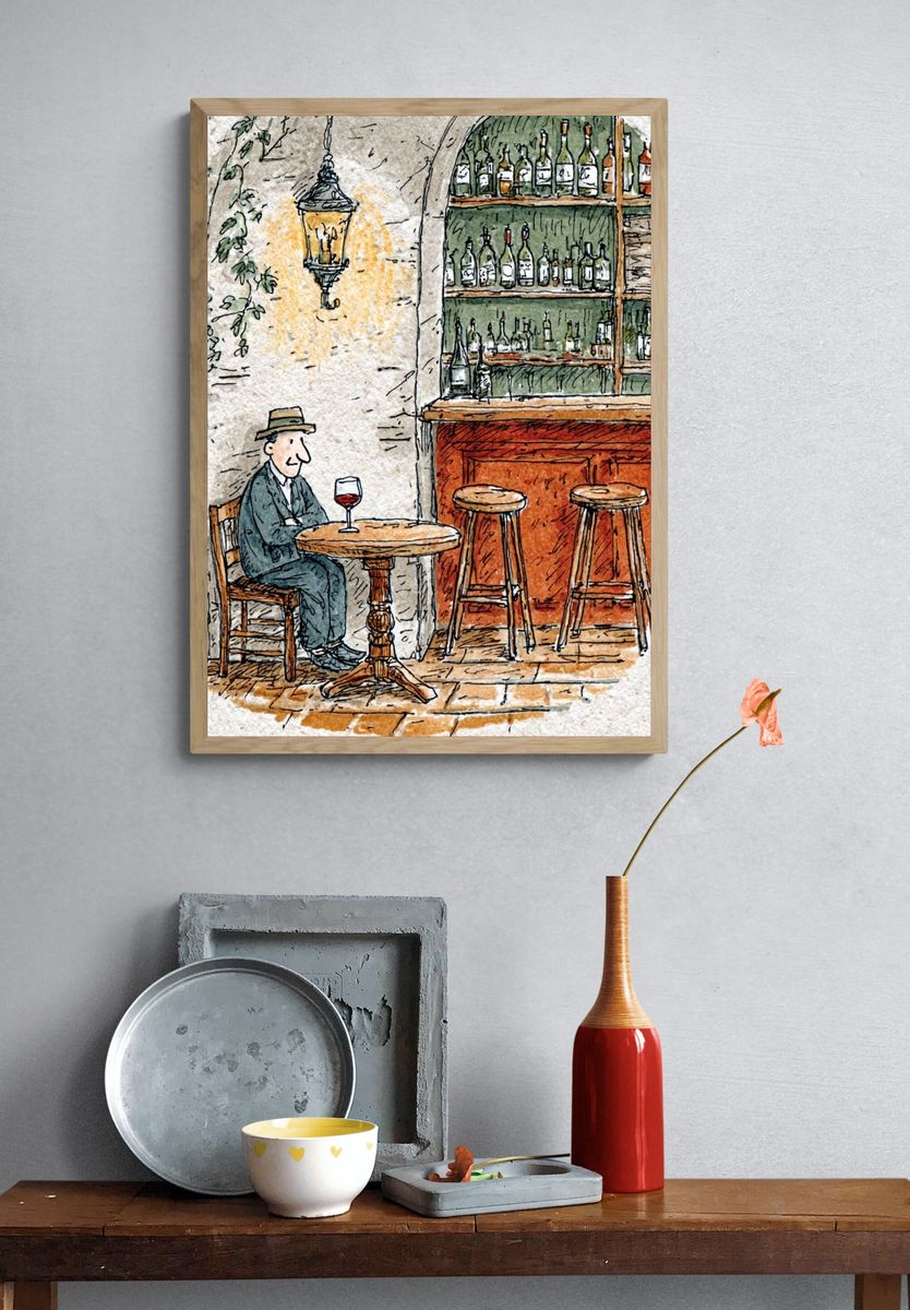 Café Wine Bar Illustration Poster. — room view 3