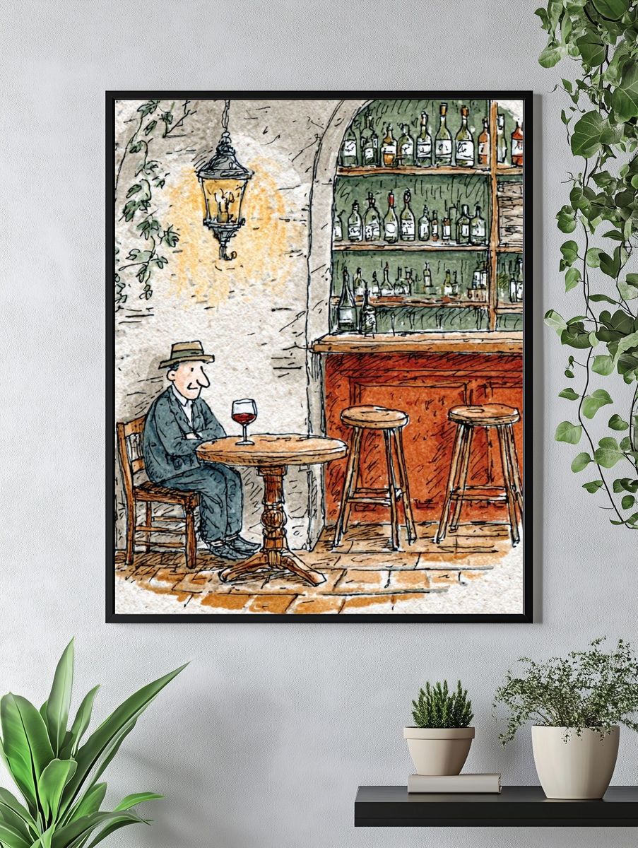Café Wine Bar Illustration Poster. — room view 4