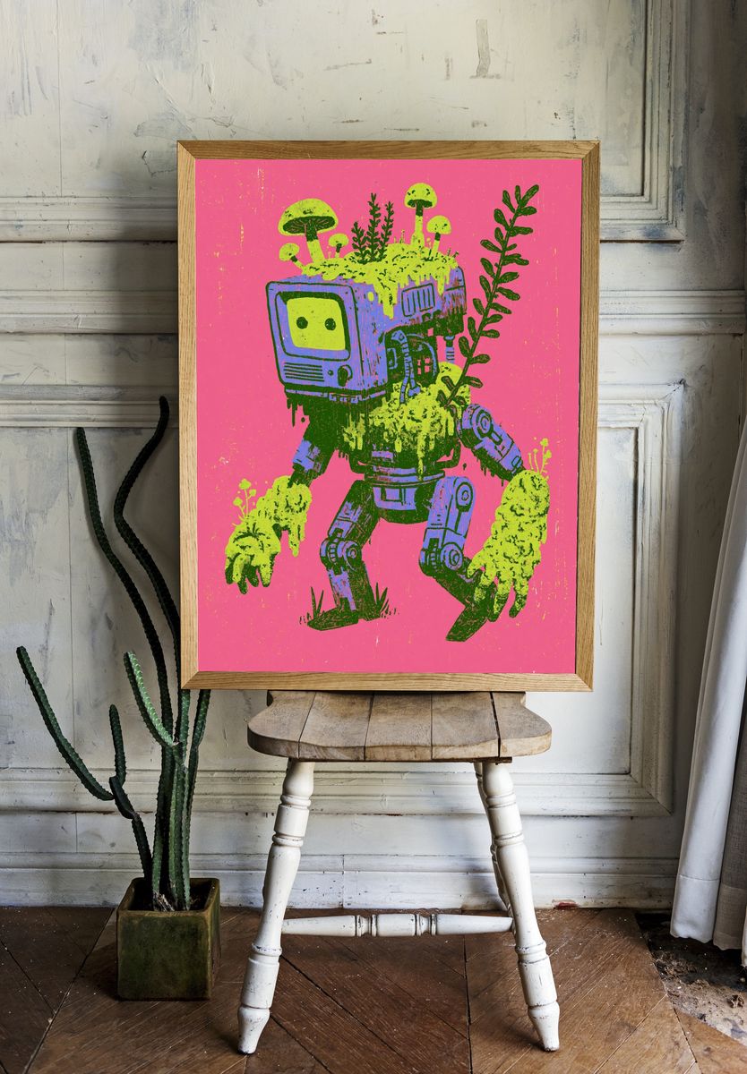 Mushroom Robot Digital Art Poster. — room view 1