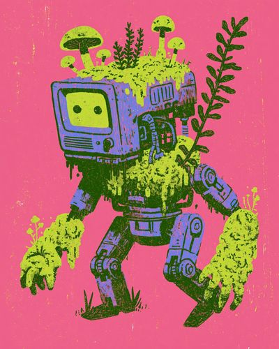 Mushroom Robot Digital Art Poster.