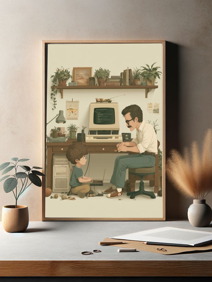 Retro Computer Study Illustration Poster. — room view 2