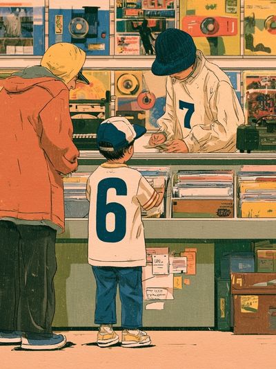 Record Shop Scene Illustration Poster.