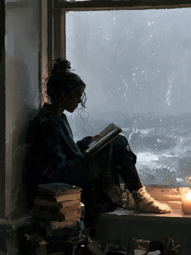 Rainy Window Reading Illustration Poster. poster — illustration art