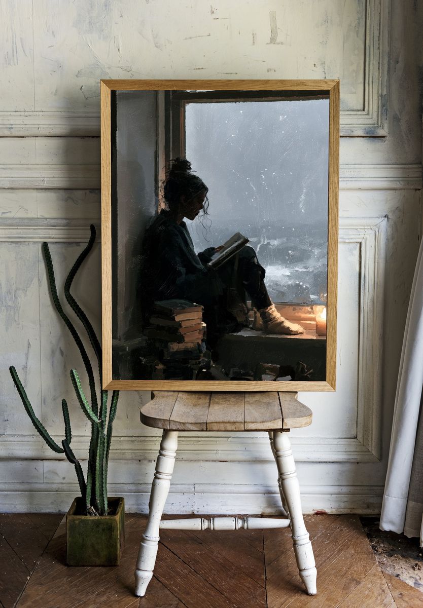 Rainy Window Reading Illustration Poster. room preview