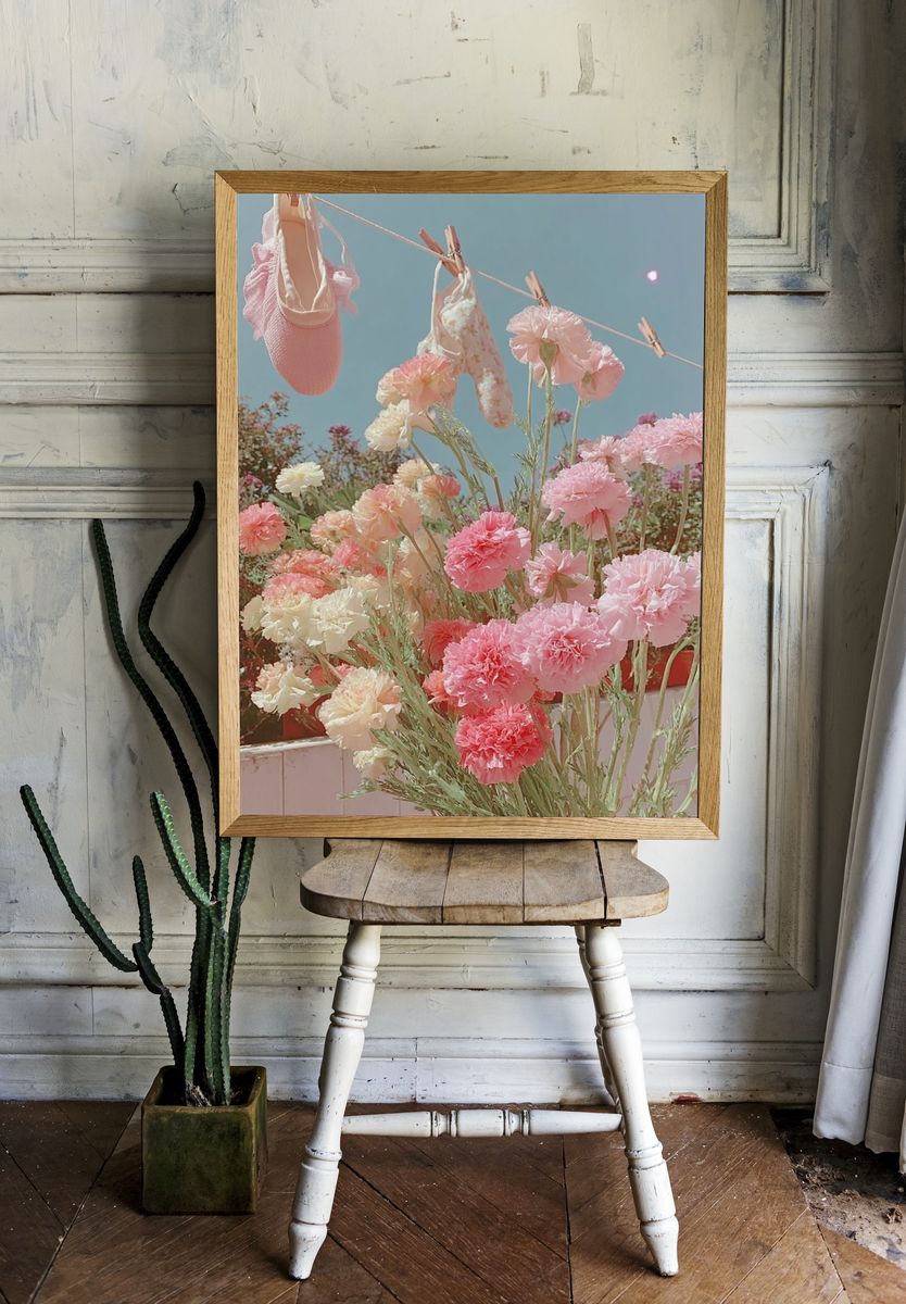 Pastel Flower Clothesline Illustration Print. — room view 1