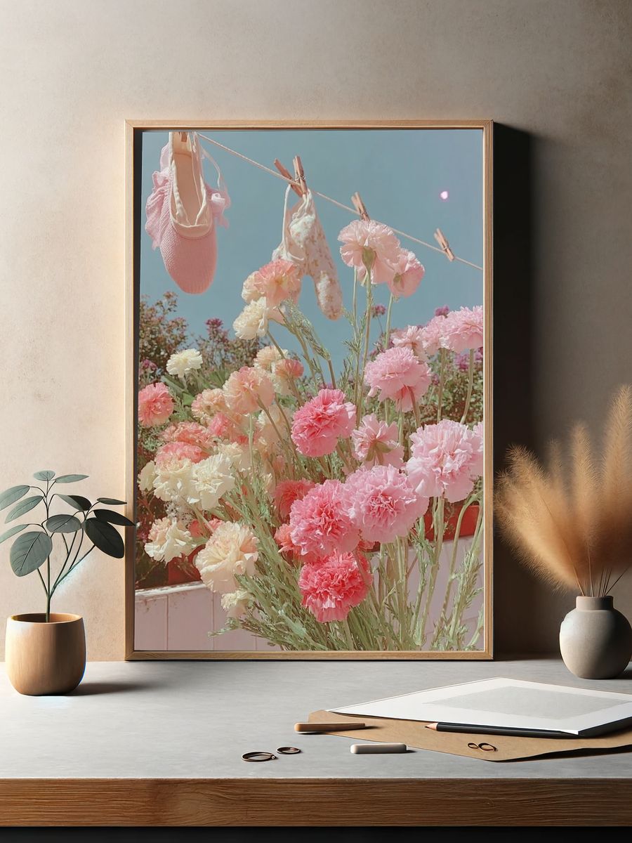 Pastel Flower Clothesline Illustration Print. — room view 2