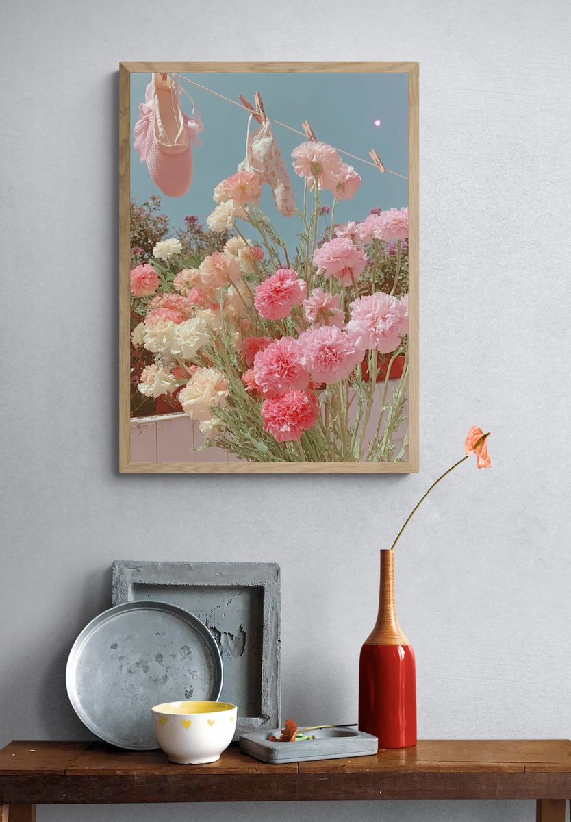 Pastel Flower Clothesline Illustration Print. — room view 3