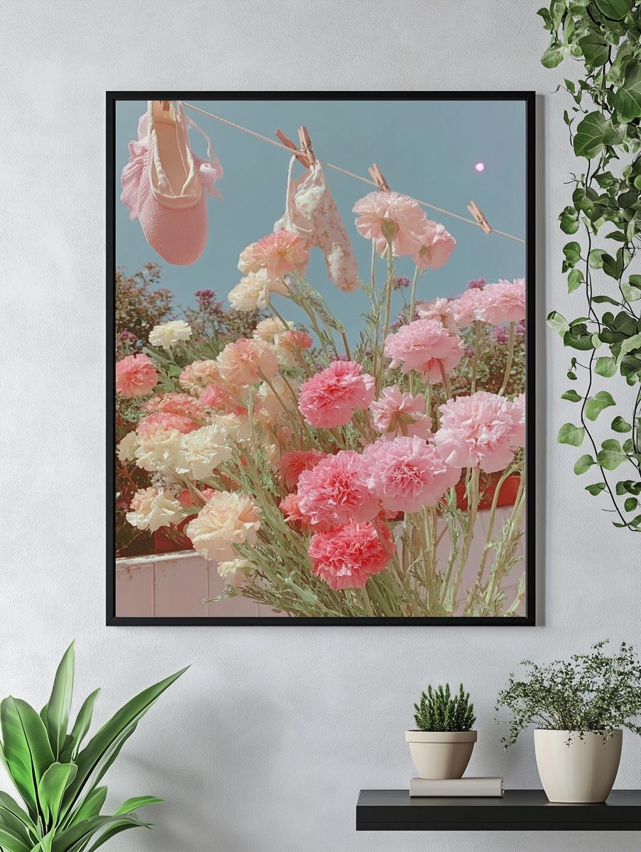 Pastel Flower Clothesline Illustration Print. — room view 4