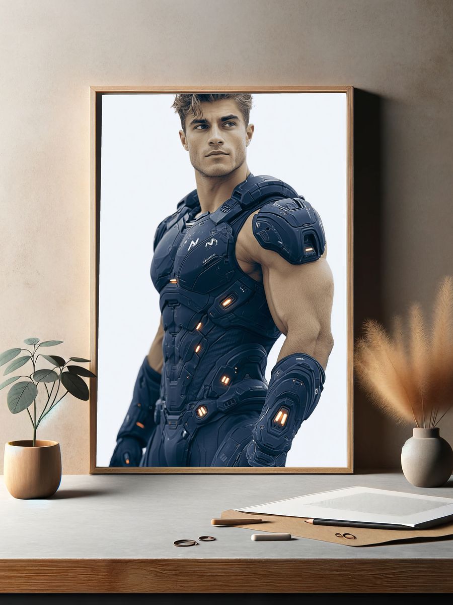 Futuristic Armored Hero Portrait Poster. — room view 2