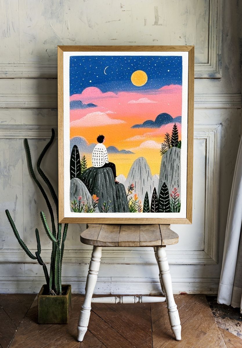 Dreamy Sunset Landscape Illustration Poster. — room view 1