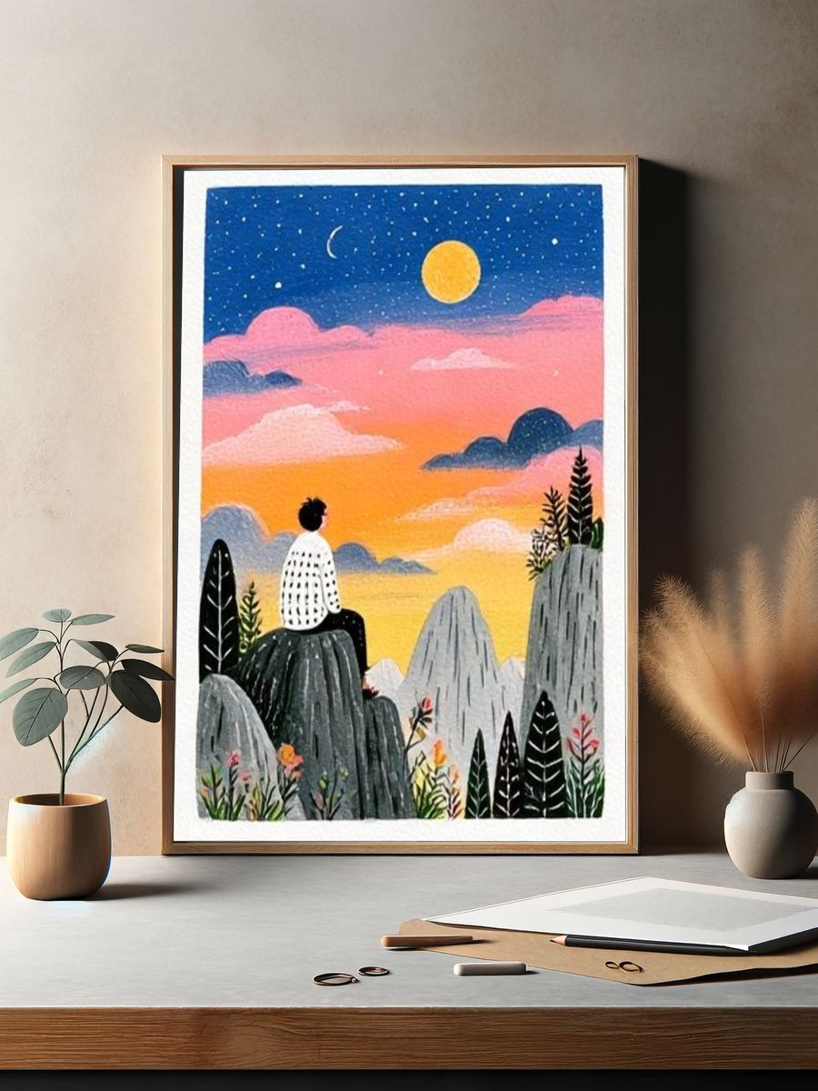 Dreamy Sunset Landscape Illustration Poster. — room view 2