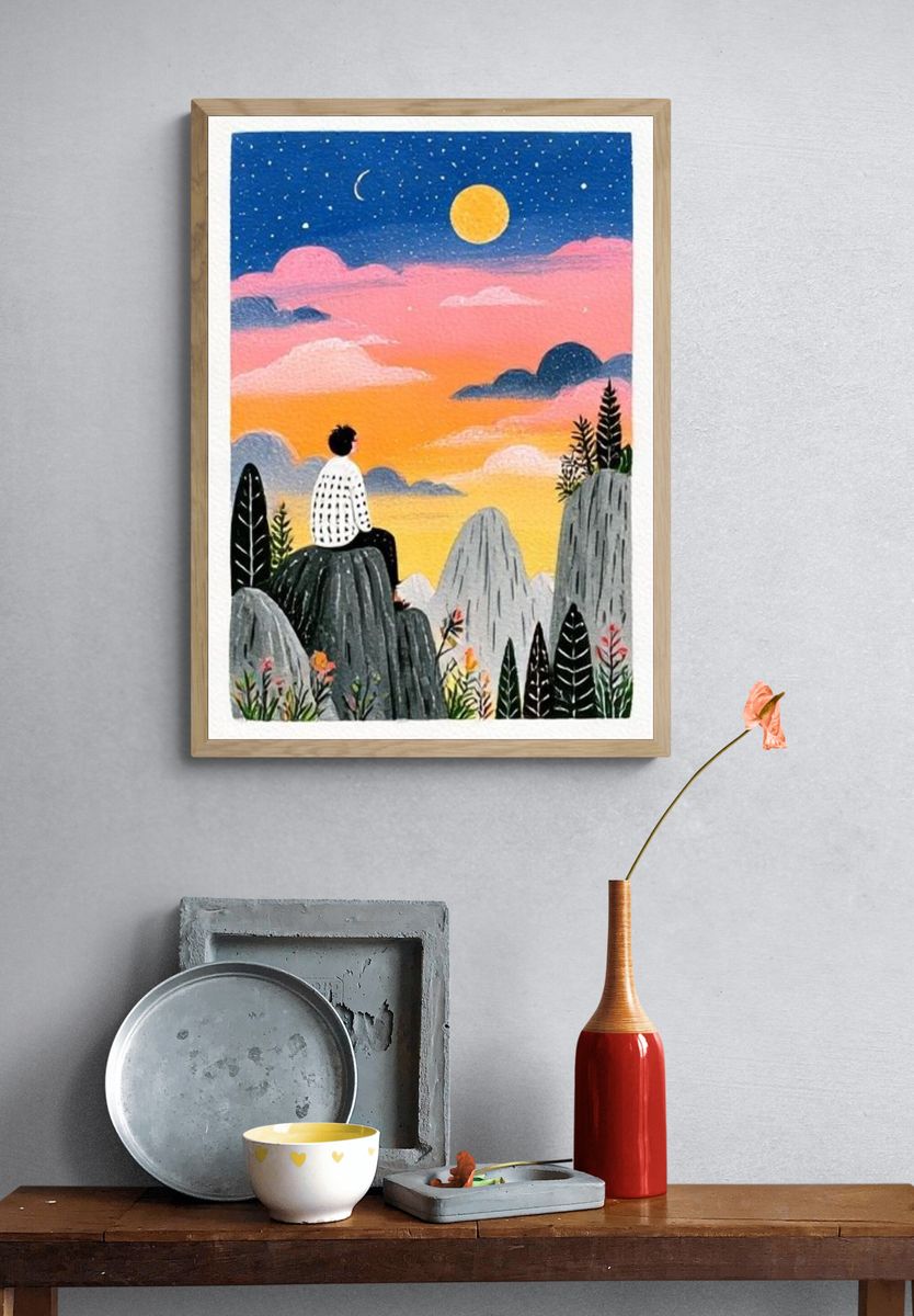 Dreamy Sunset Landscape Illustration Poster. — room view 3