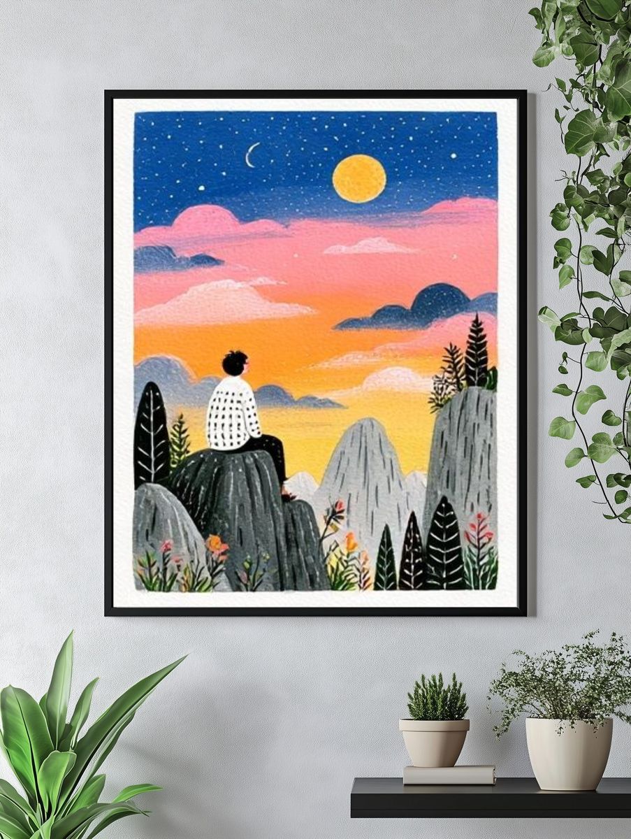 Dreamy Sunset Landscape Illustration Poster. — room view 4