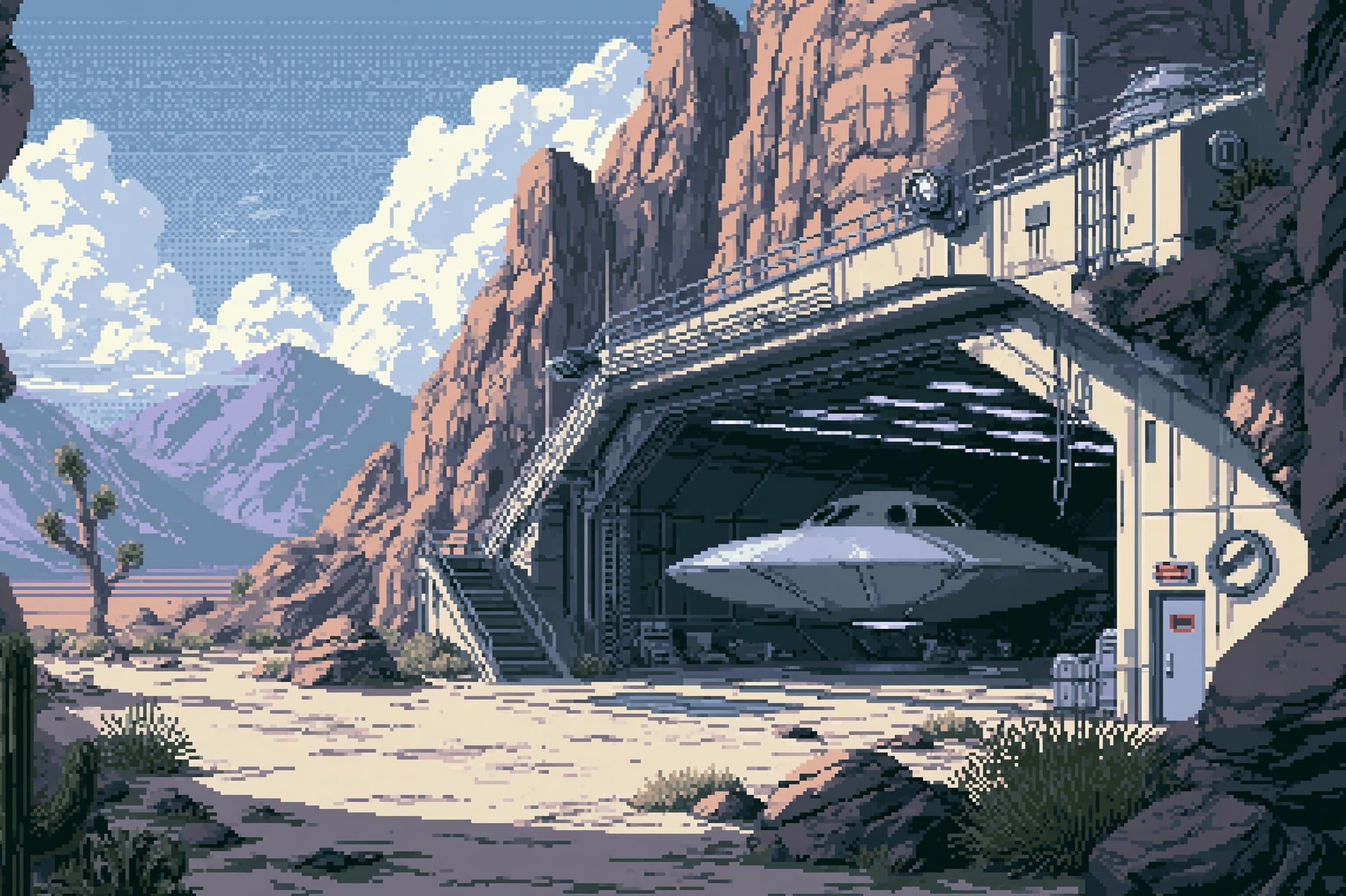 Desert UFO Hangar Pixel Art Poster. poster — illustration art