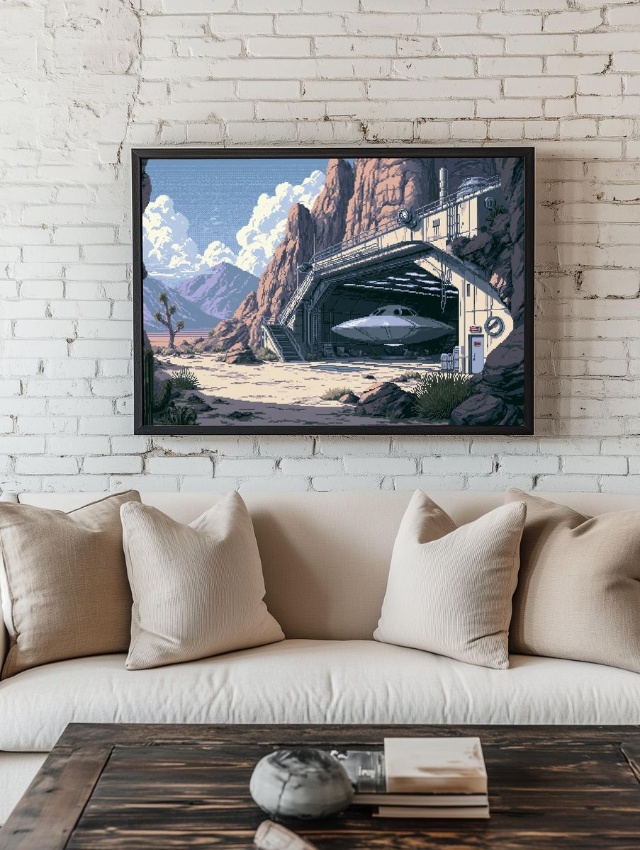 Desert UFO Hangar Pixel Art Poster. — room view 1