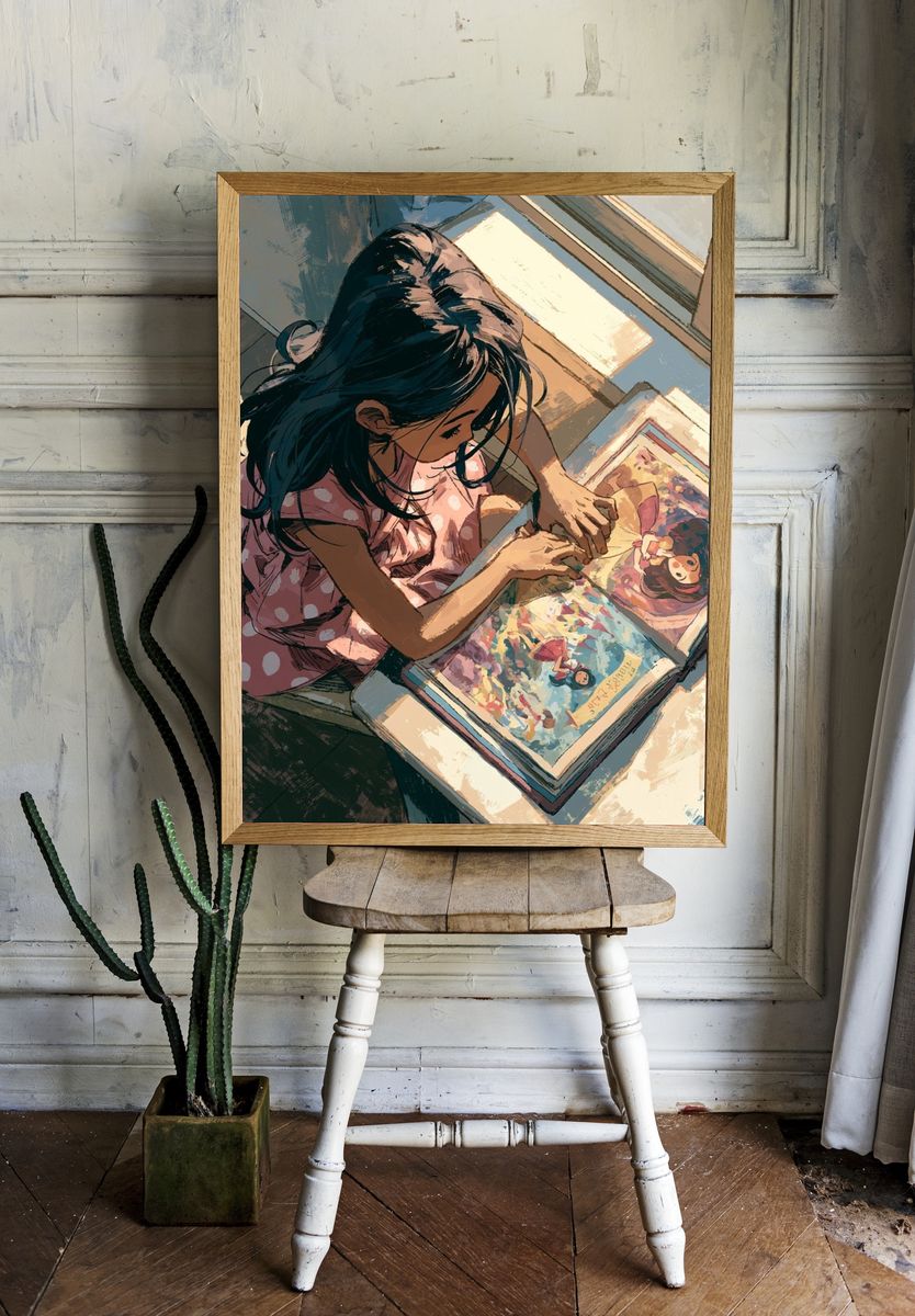 Girl Reading Illustrated Poster. — room view 1