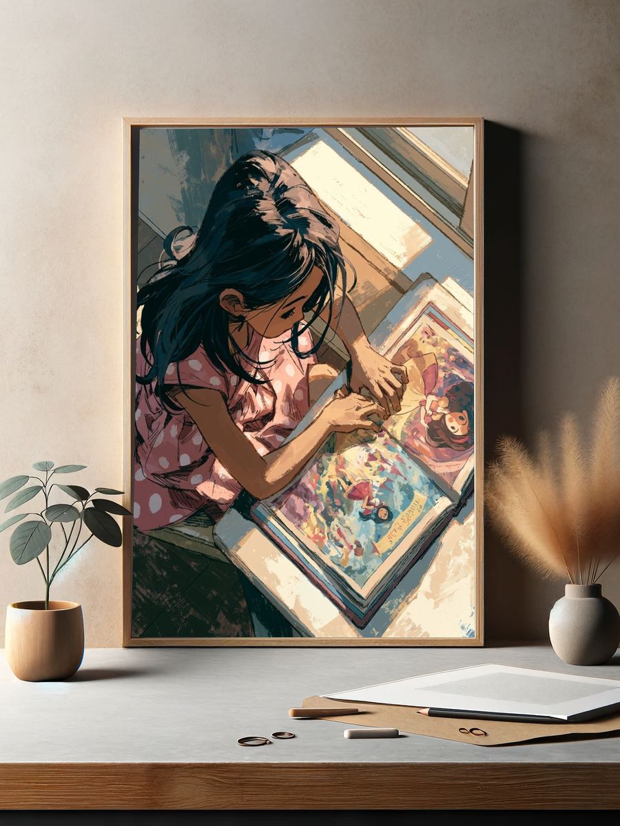 Girl Reading Illustrated Poster. — room view 2